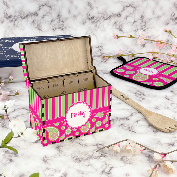 Pink & Green Paisley and Stripes Recipe Box - Full Color - In Context