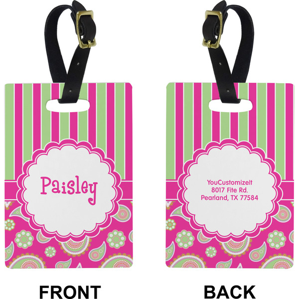 Pink & Green Paisley and Stripes Rectangle Luggage Tag (Front + Back)