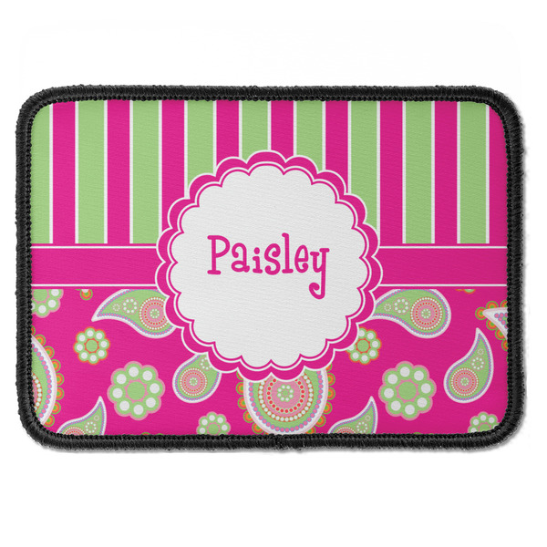 Custom Pink & Green Paisley and Stripes Iron On Rectangle Patch w/ Name or Text