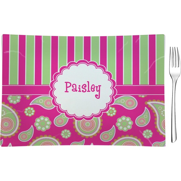 Custom Pink & Green Paisley and Stripes Rectangular Glass Appetizer / Dessert Plate - Single or Set (Personalized)