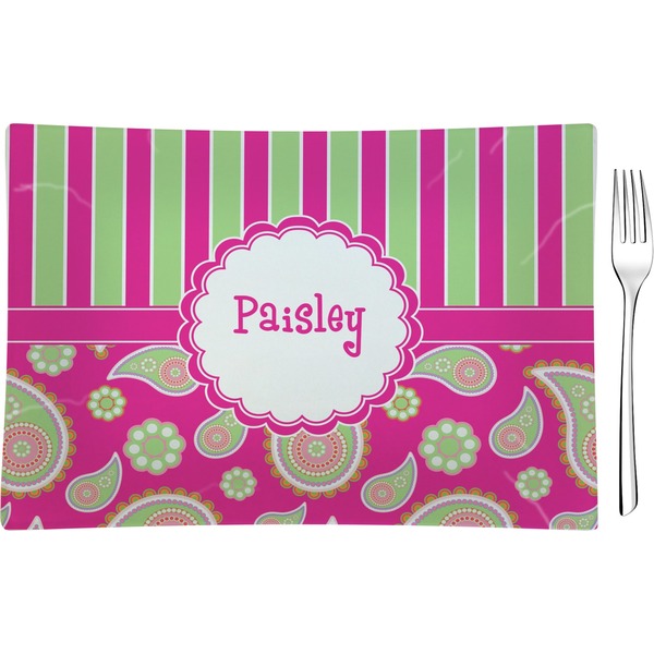 Custom Pink & Green Paisley and Stripes Rectangular Glass Appetizer / Dessert Plate - Single or Set (Personalized)