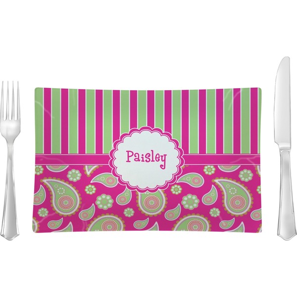 Custom Pink & Green Paisley and Stripes Glass Rectangular Lunch / Dinner Plate (Personalized)