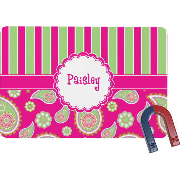 Custom Pink & Green Paisley and Stripes Rectangular Fridge Magnet (Personalized)