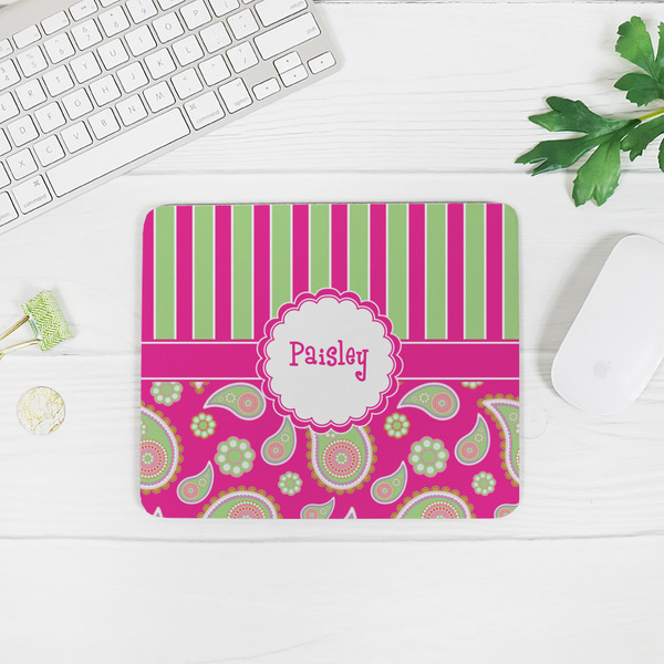 Pink & Green Paisley and Stripes Rectangular Mouse Pad - LIFESTYLE 2