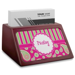 Pink & Green Paisley and Stripes Red Mahogany Business Card Holder (Personalized)
