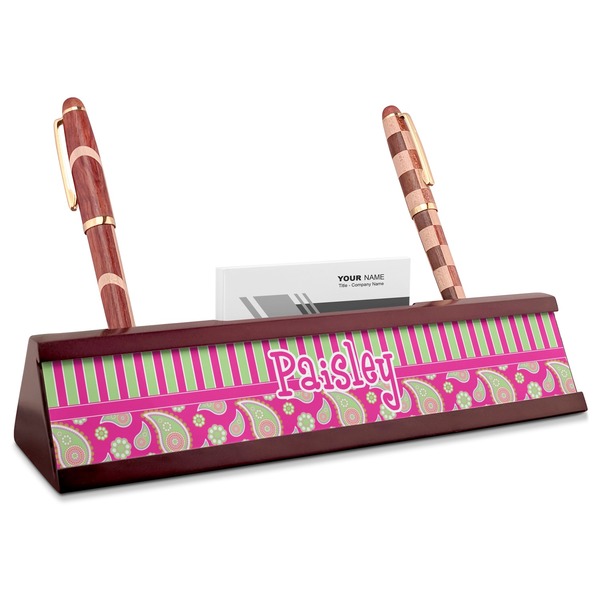 Custom Pink & Green Paisley and Stripes Red Mahogany Nameplate with Business Card Holder (Personalized)