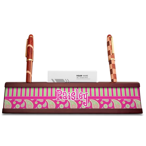 Pink & Green Paisley and Stripes Red Mahogany Nameplates with Business Card Holder - Straight