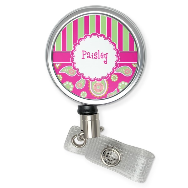 Custom Pink & Green Paisley and Stripes Retractable Badge Reel (Personalized)