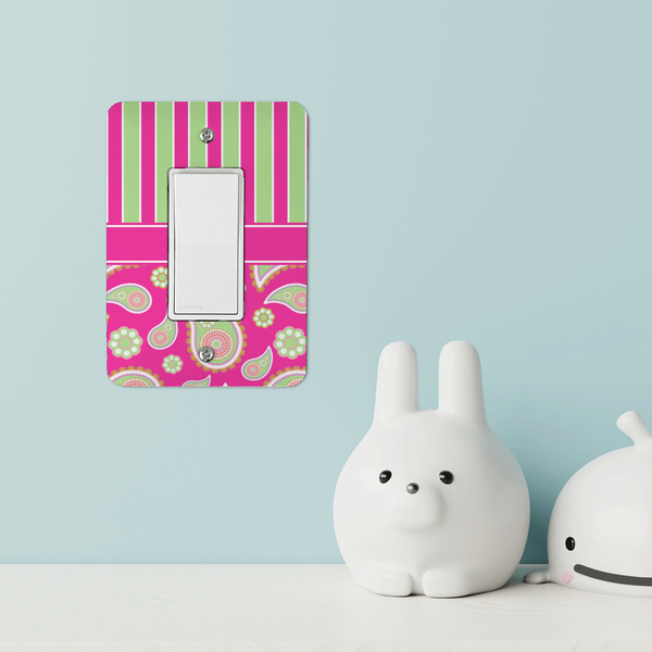 Pink & Green Paisley and Stripes Rocker Light Switch Covers - Single - IN CONTEXT