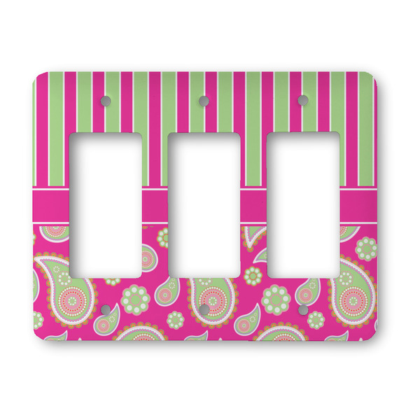 Custom Pink & Green Paisley and Stripes Rocker Style Light Switch Cover - Three Switch