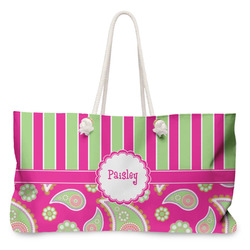 Pink & Green Paisley and Stripes Large Tote Bag with Rope Handles (Personalized)