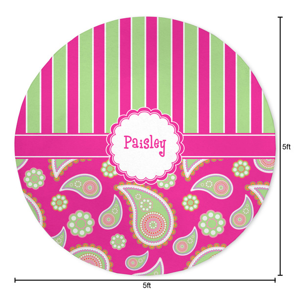 Pink & Green Paisley and Stripes Round Area Rug - Size