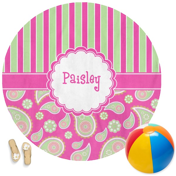 Custom Pink & Green Paisley and Stripes Round Beach Towel (Personalized)