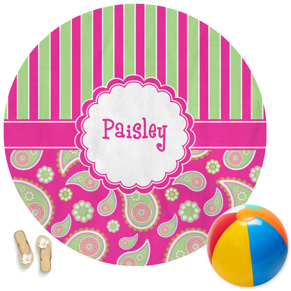 Custom Pink & Green Paisley and Stripes Round Beach Towel (Personalized)