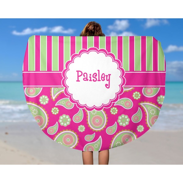 Pink & Green Paisley and Stripes Round Beach Towel - In Use