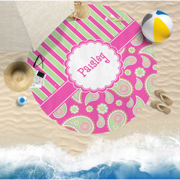 Pink & Green Paisley and Stripes Round Beach Towel Lifestyle