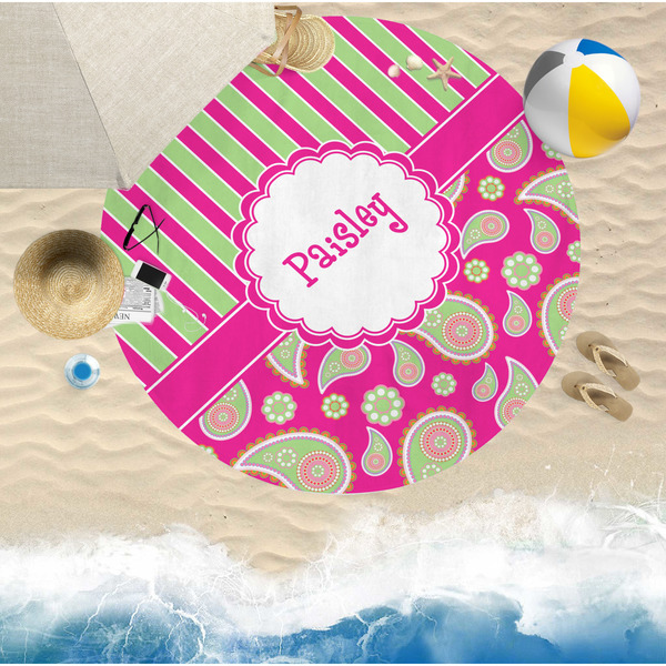 Pink & Green Paisley and Stripes Round Beach Towel Lifestyle
