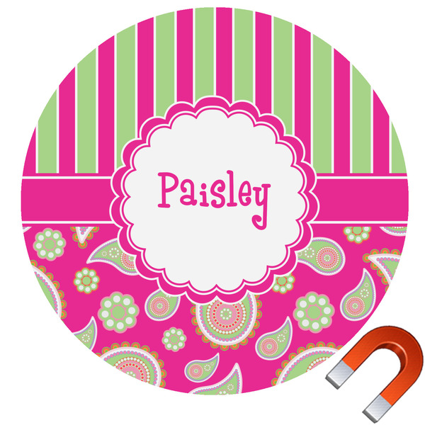 Custom Pink & Green Paisley and Stripes Round Car Magnet - 10" (Personalized)