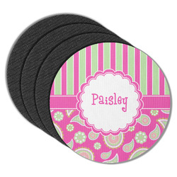 Pink & Green Paisley and Stripes Round Rubber Backed Coasters - Set of 4 (Personalized)