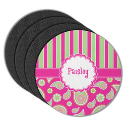 Pink & Green Paisley and Stripes Round Rubber Backed Coasters - Set of 4 (Personalized)