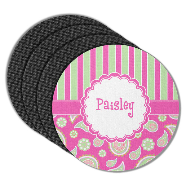 Custom Pink & Green Paisley and Stripes Round Rubber Backed Coasters - Set of 4 (Personalized)