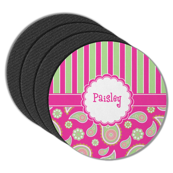 Pink & Green Paisley and Stripes Round Coaster Rubber Back - Main
