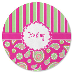 Pink & Green Paisley and Stripes Round Rubber Backed Coaster (Personalized)