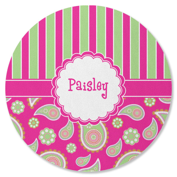 Pink & Green Paisley and Stripes Round Coaster Rubber Back - Single