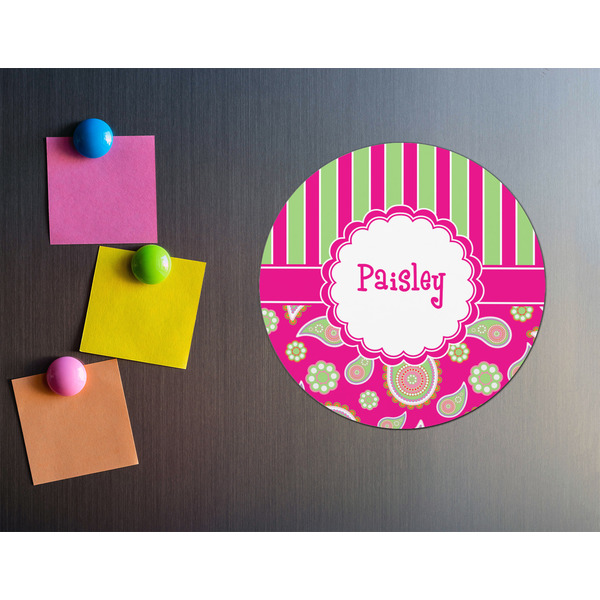 Pink & Green Paisley and Stripes Round Fridge Magnet - LIFESTYLE