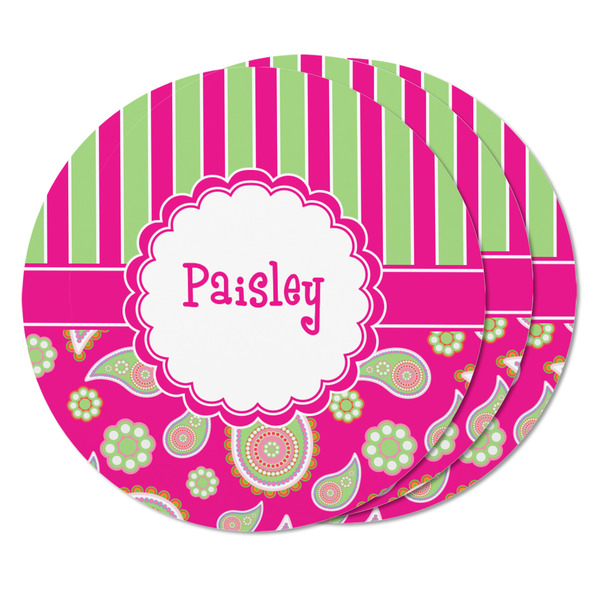Pink & Green Paisley and Stripes Round Fridge Magnet - THREE