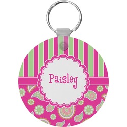 Pink & Green Paisley and Stripes Round Plastic Keychain (Personalized)