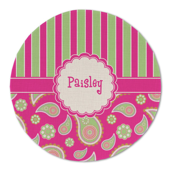 Pink & Green Paisley and Stripes Round Linen Placemats - FRONT (Double Sided)