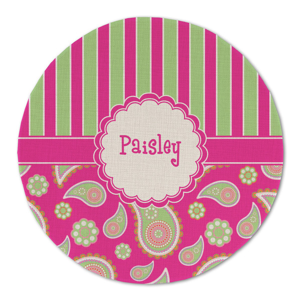 Custom Pink & Green Paisley and Stripes Round Linen Placemat - Single Sided (Personalized)