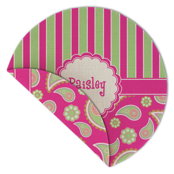 Pink & Green Paisley and Stripes Round Linen Placemats - Front (folded corner double sided)