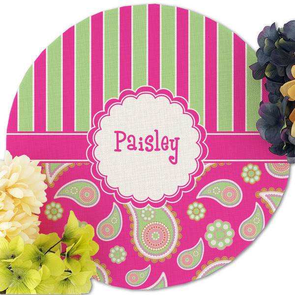 Pink & Green Paisley and Stripes Round Linen Placemats - Front (w flowers)