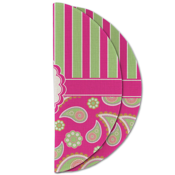 Pink & Green Paisley and Stripes Round Linen Placemats - HALF FOLDED (double sided)