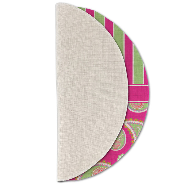 Pink & Green Paisley and Stripes Round Linen Placemats - HALF FOLDED (single sided)