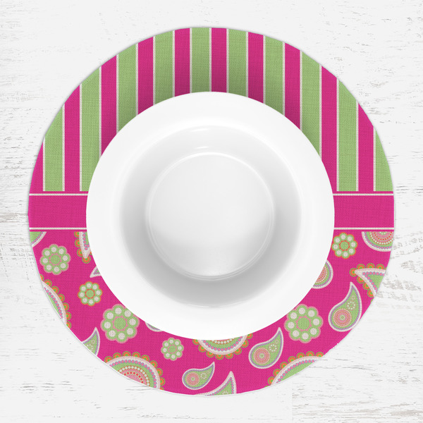 Pink & Green Paisley and Stripes Round Linen Placemats - LIFESTYLE (single)