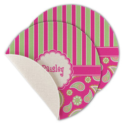 Pink & Green Paisley and Stripes Round Linen Placemat - Single Sided - Set of 4 (Personalized)