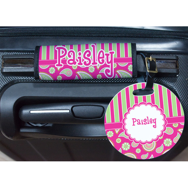 Pink & Green Paisley and Stripes Round Luggage Tag & Handle Wrap - In Context