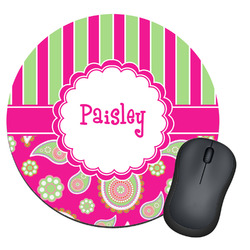 Pink & Green Paisley and Stripes Round Mouse Pad (Personalized)