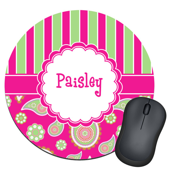 Custom Pink & Green Paisley and Stripes Round Mouse Pad (Personalized)