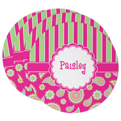 Pink & Green Paisley and Stripes Round Paper Coasters w/ Name or Text
