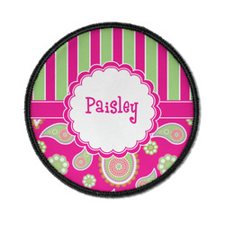 Pink & Green Paisley and Stripes Iron On Round Patch w/ Name or Text