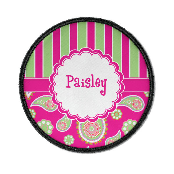 Custom Pink & Green Paisley and Stripes Iron On Round Patch w/ Name or Text
