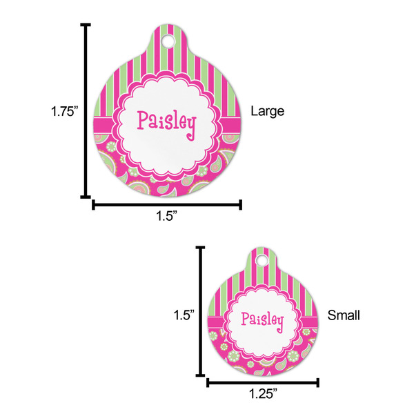Pink & Green Paisley and Stripes Round Pet ID Tag - Large - Comparison Scale
