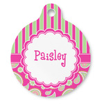 Pink & Green Paisley and Stripes Round Pet ID Tag - Large (Personalized)