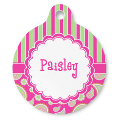 Pink & Green Paisley and Stripes Round Pet ID Tag (Personalized)