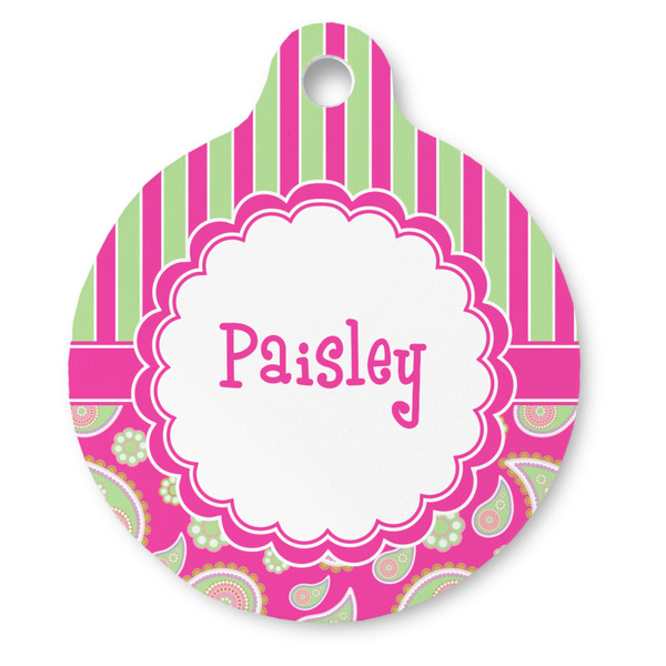 Custom Pink & Green Paisley and Stripes Round Pet ID Tag - Large (Personalized)