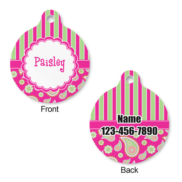 Pink & Green Paisley and Stripes Round Pet Tag - Front & Back